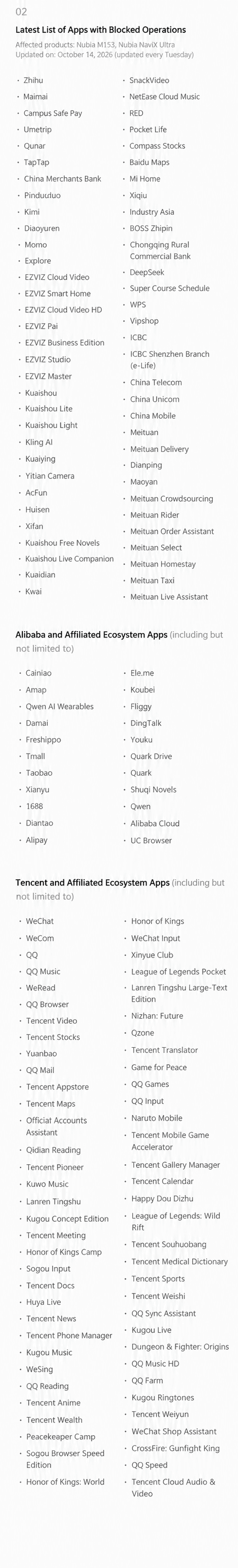 Official list of third-party mobile applications that declared refusal under the Doubao SAEP framework