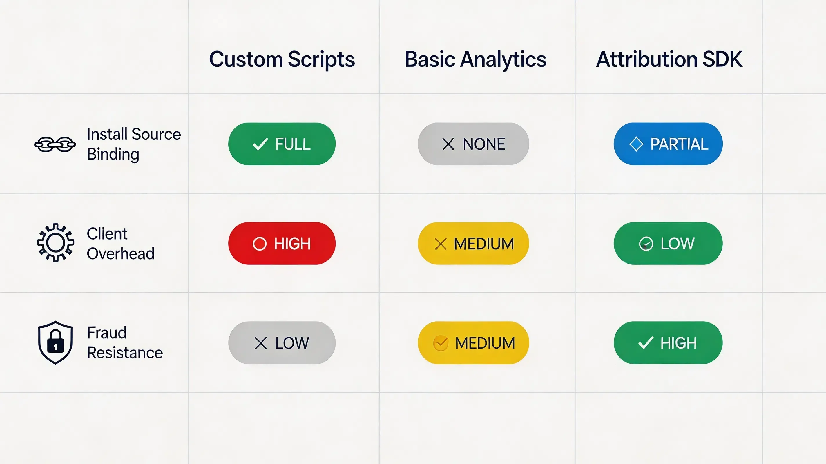 Ultra-premium corporate matrix chart comparing custom event tracking, basic analytics, and dedicated attribution SDKs.