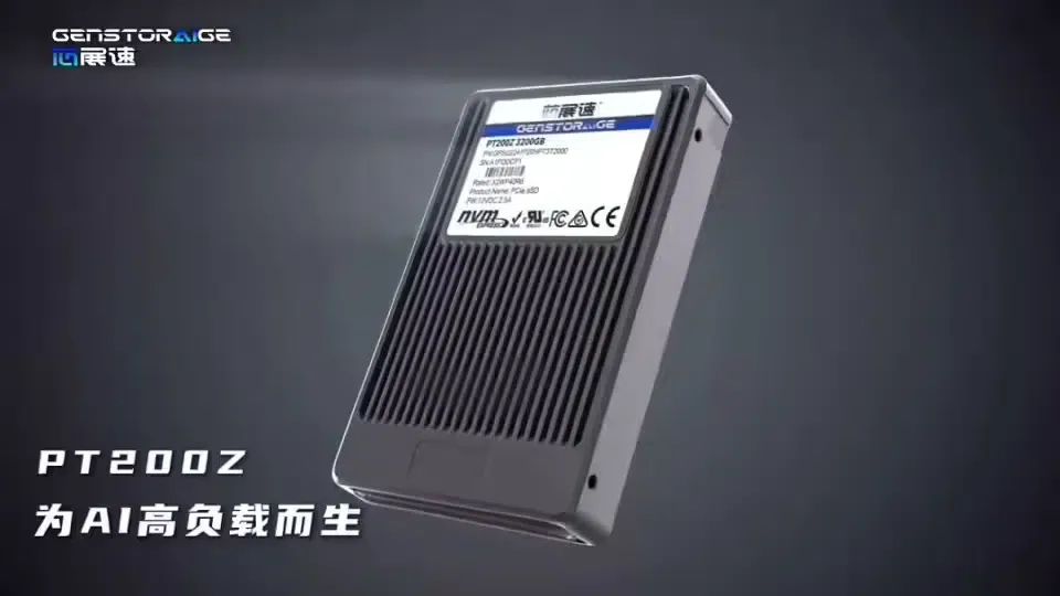 GenStorAIGE PT200Z AI SSD showing PCIe Gen5 interface and pSLC flash media layout