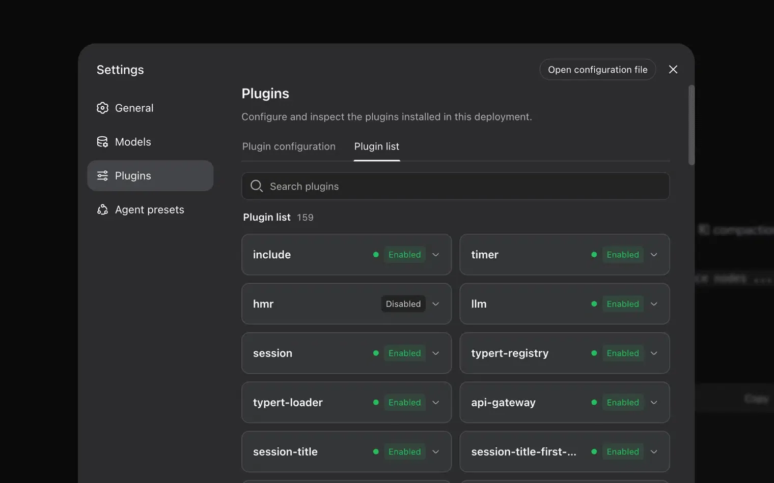 DeepSeek Harness plugin management interface detailing installed capabilities and status