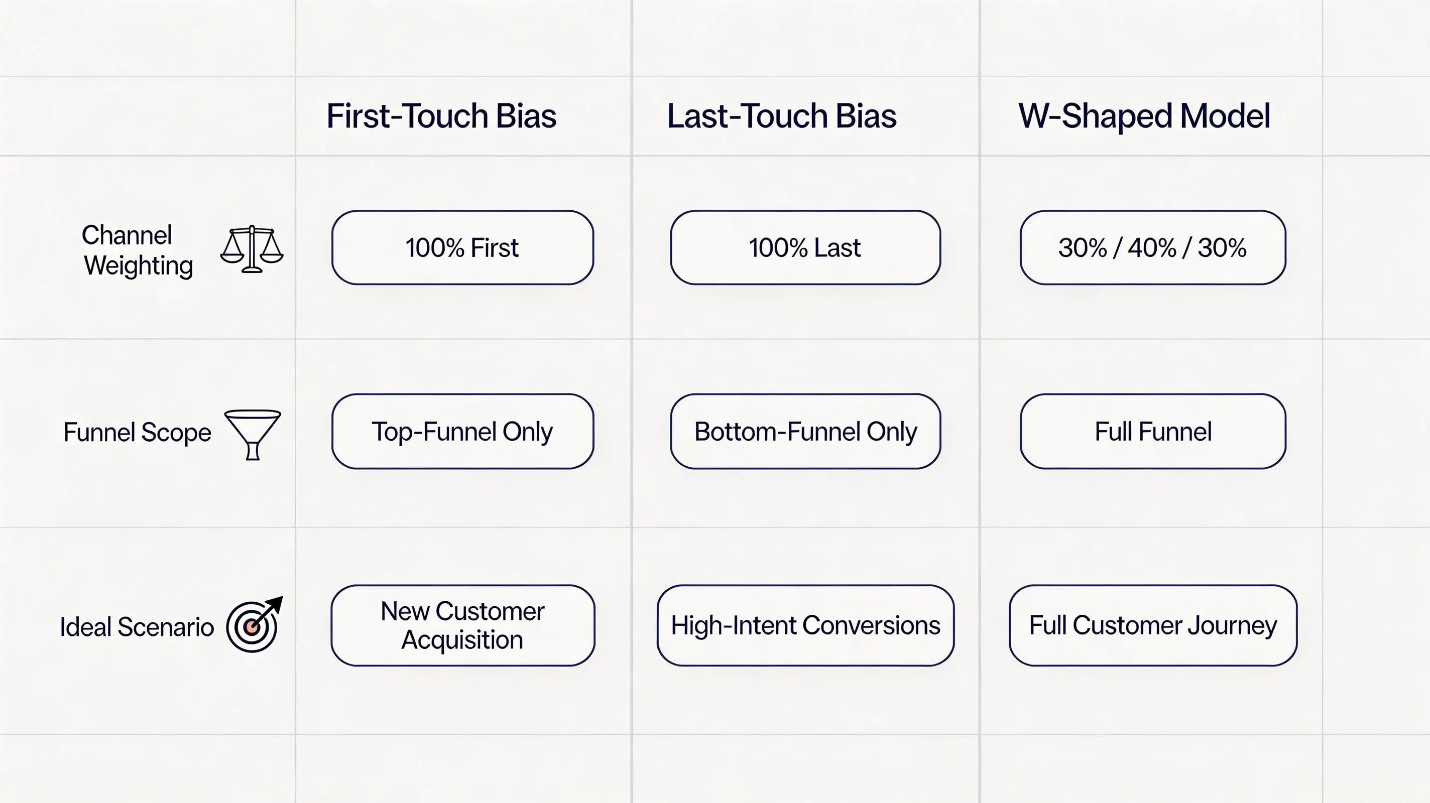 Ultra-premium corporate matrix chart comparing First-Touch Bias, Last-Touch Bias, and W-Shaped Multi-Touch attribution models.