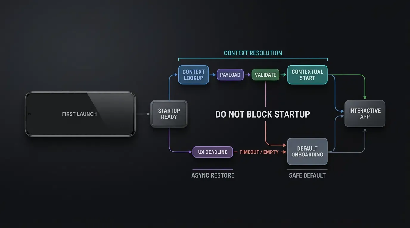 First-launch context resolves asynchronously while onboarding remains available through safe fallback.