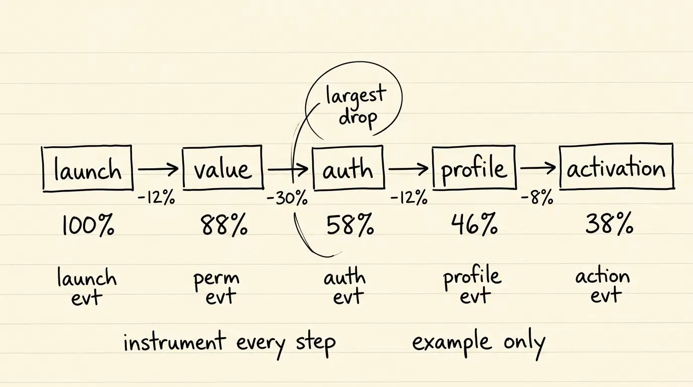 Five stage onboarding conversion funnel with drop off rates