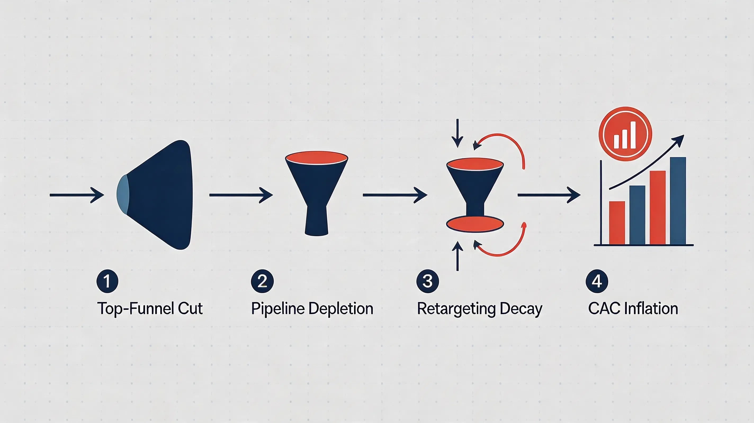 Advanced technical data pipeline diagram illustrating the growth funnel distortion and CAC inflation caused by single-touch last-click optimization.