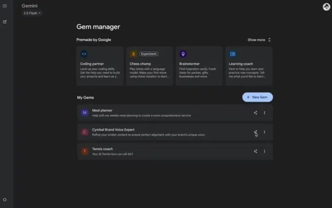 Google Gemini custom assistant sharing interface showing distribution of custom prompt bots
