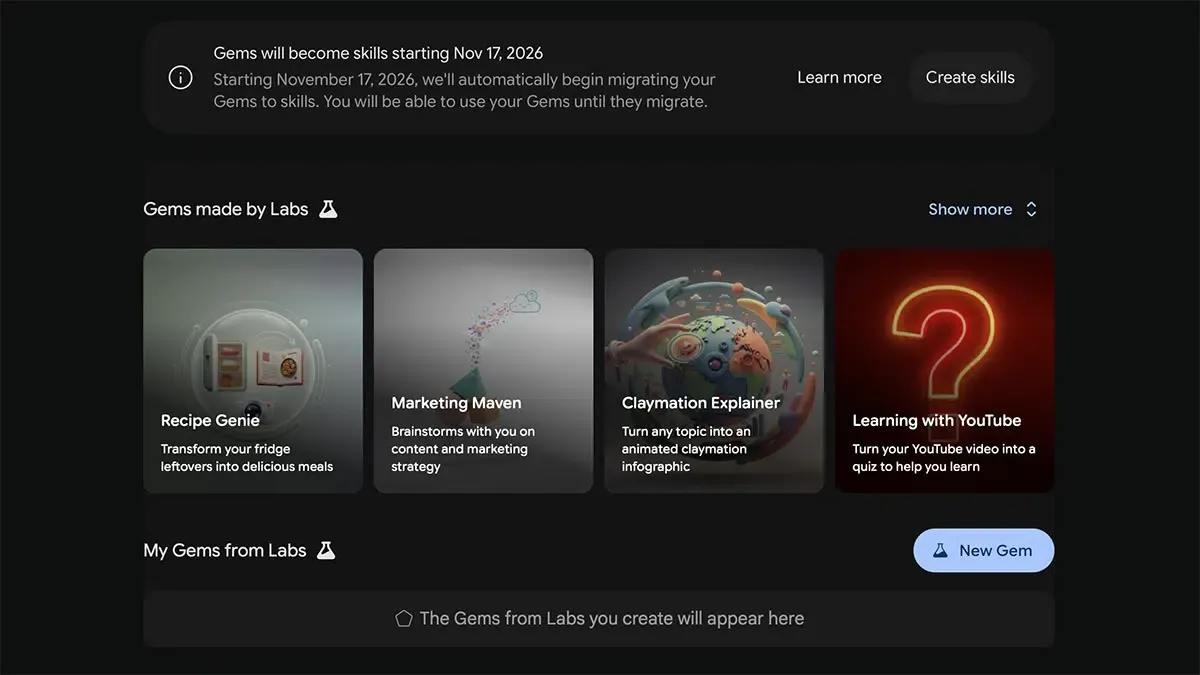 Google Gems Manager in-app banner confirming the November 17 2026 automatic migration schedule