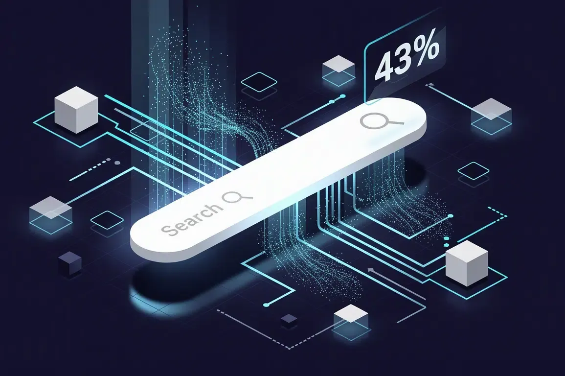 Hình minh họa mô tả độ phủ thị trường 43 phần trăm của các bản tóm tắt do AI tạo ra trên các truy vấn tìm kiếm