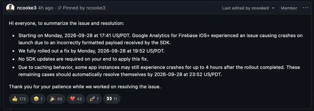 Developers reporting launch crashes in iOS applications connected to the Google Firebase SDK