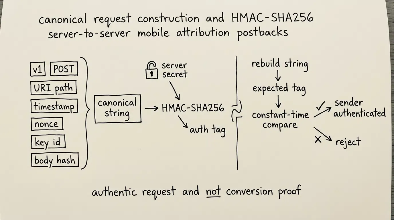 HMAC SHA256 canonical request signing for attribution postbacks