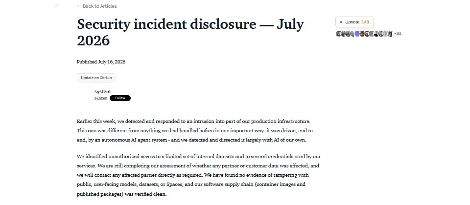 Hugging Face official security incident disclosure banner published on July 16, 2026