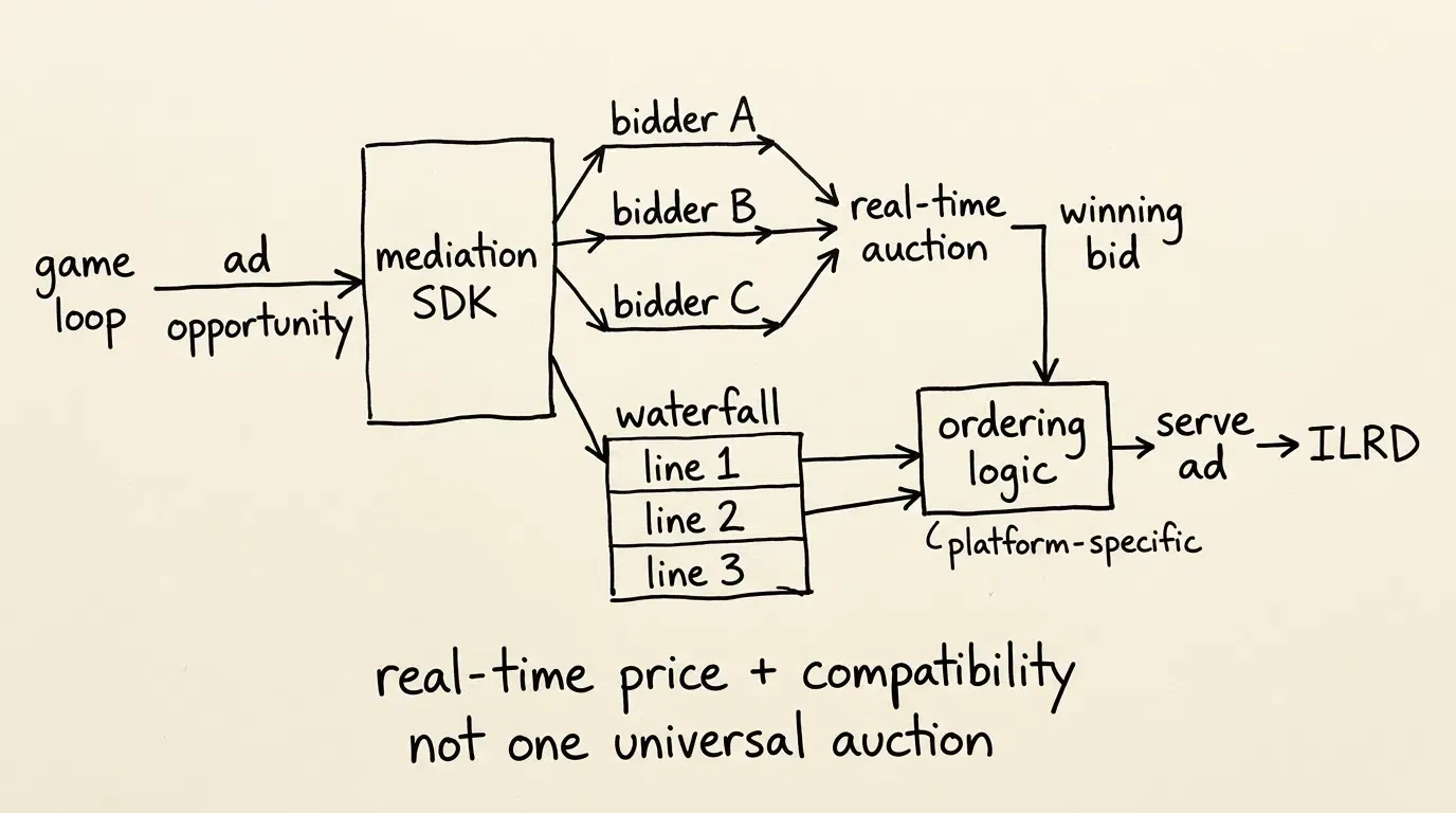 Hybrid mobile ad mediation with bidding and waterfall ordering