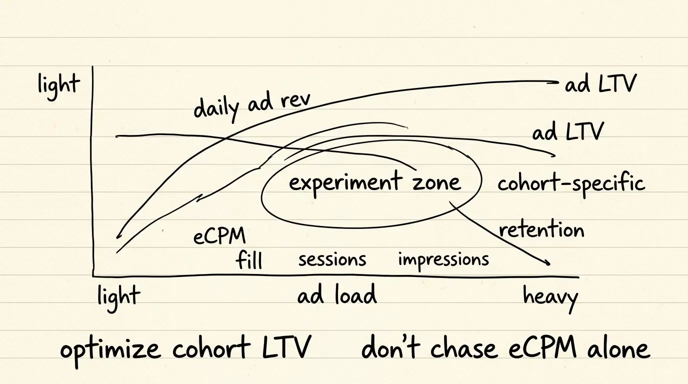 Ad load retention and lifetime ad revenue tradeoff in games