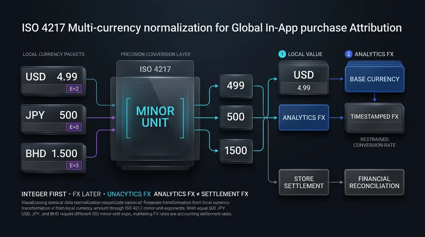 ISO 4217 标准化将全球 IAP 价值转换为整数辅币单位。