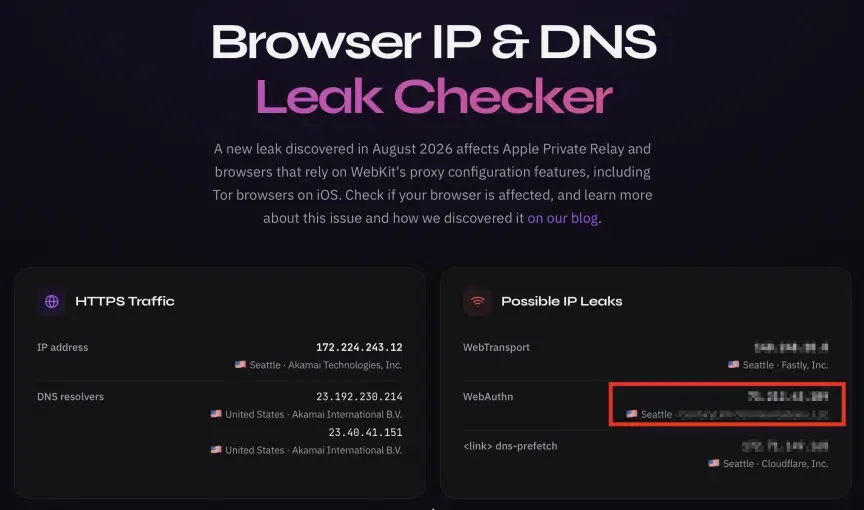 CNET test result demonstrating real router IP exposure despite active Private Relay protection