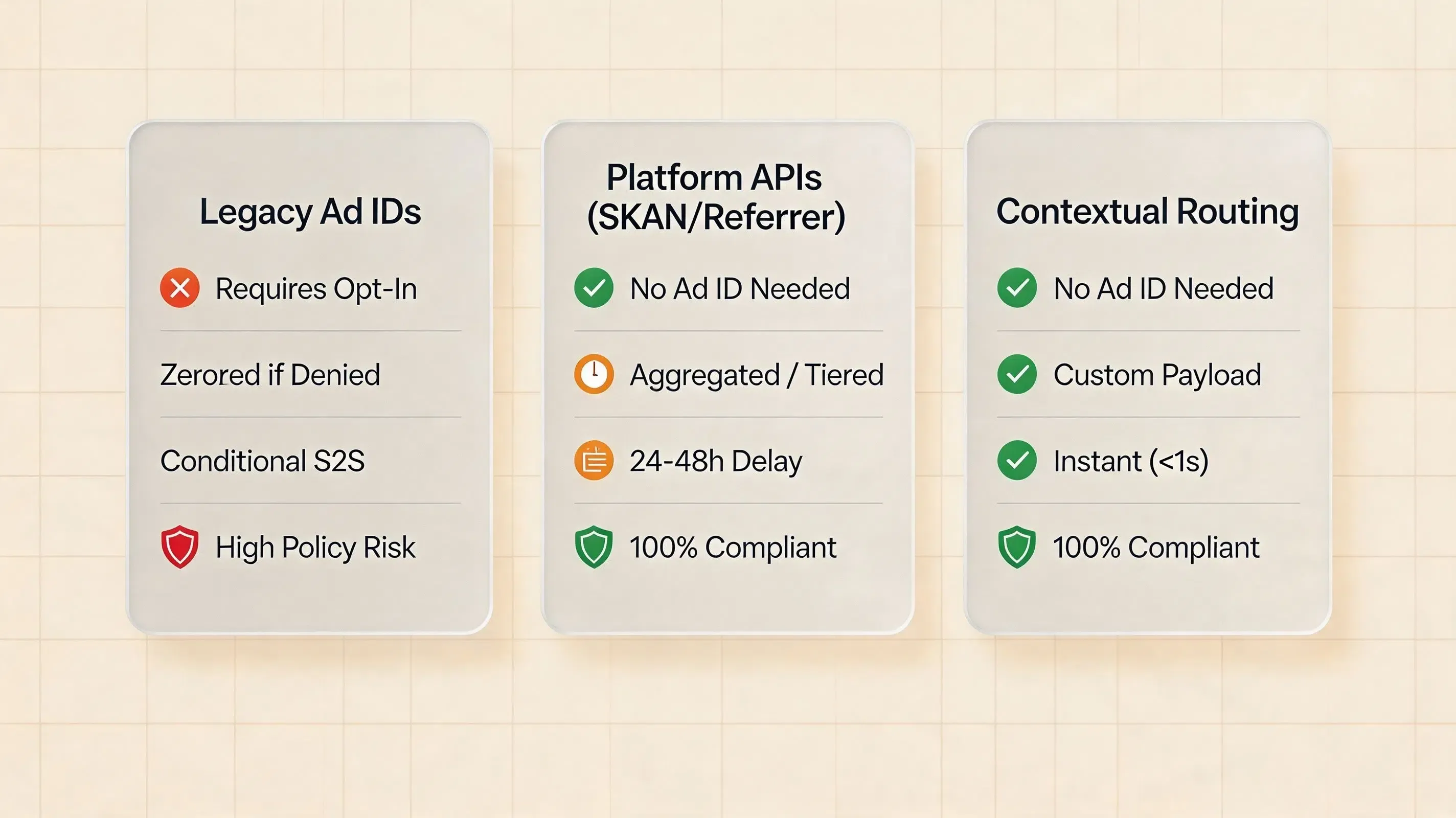 International enterprise comparison matrix chart contrasting GAID, Google Play Install Referrer, Apple AdAttributionKit, and first-party contextual routing across privacy dimensions.