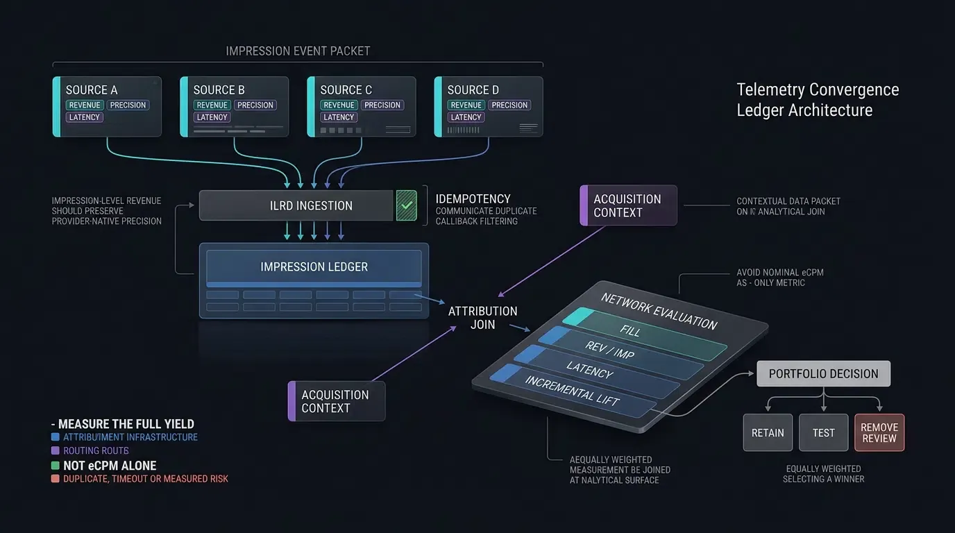Impression revenue telemetry joins attribution context for demand-source portfolio evaluation.