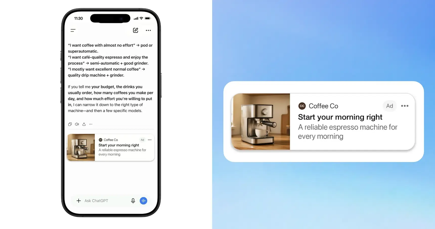 Pratonton OpenAI yang menunjukkan susun atur penempatan iklan tajaan dalam respons ChatGPT