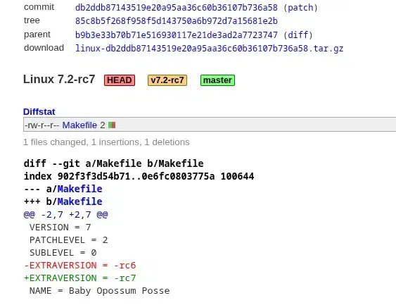Tag de lançamento Git do Linux 7.2-rc7 mostrando commits de contribuição ativa do kernel