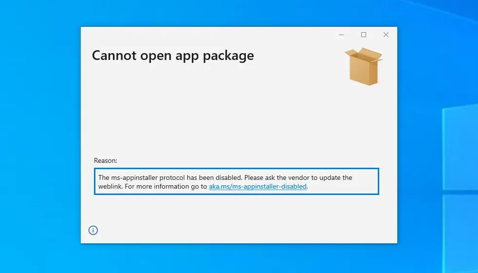 Windows operating system dialog showing an application installation blocked by administrative security policy