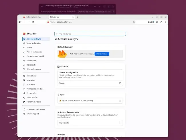 Firefox 155 trên Ubuntu Linux hiển thị giao diện trình duyệt và chi tiết phát hành