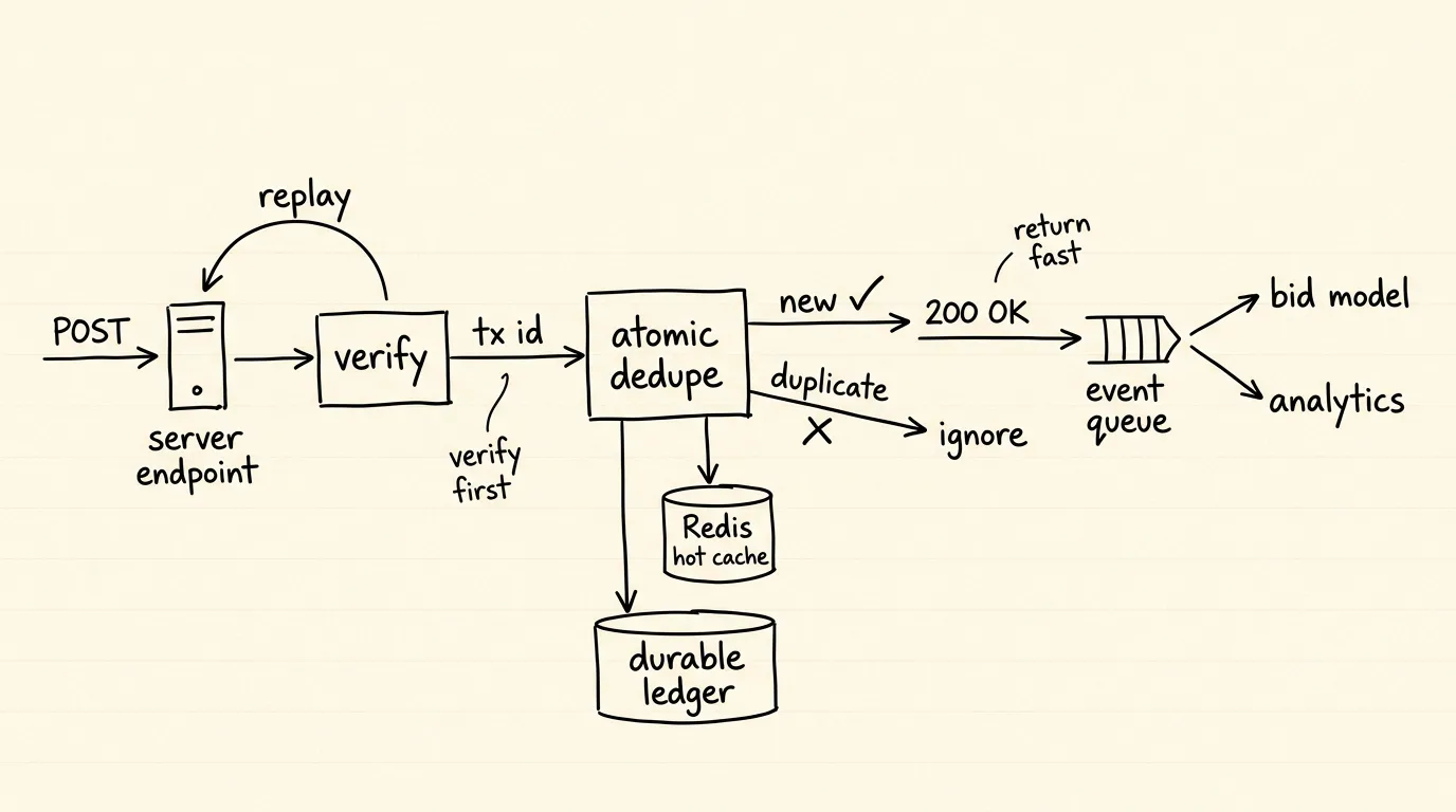 SKAdNetwork replay defense and deduplication pipeline
