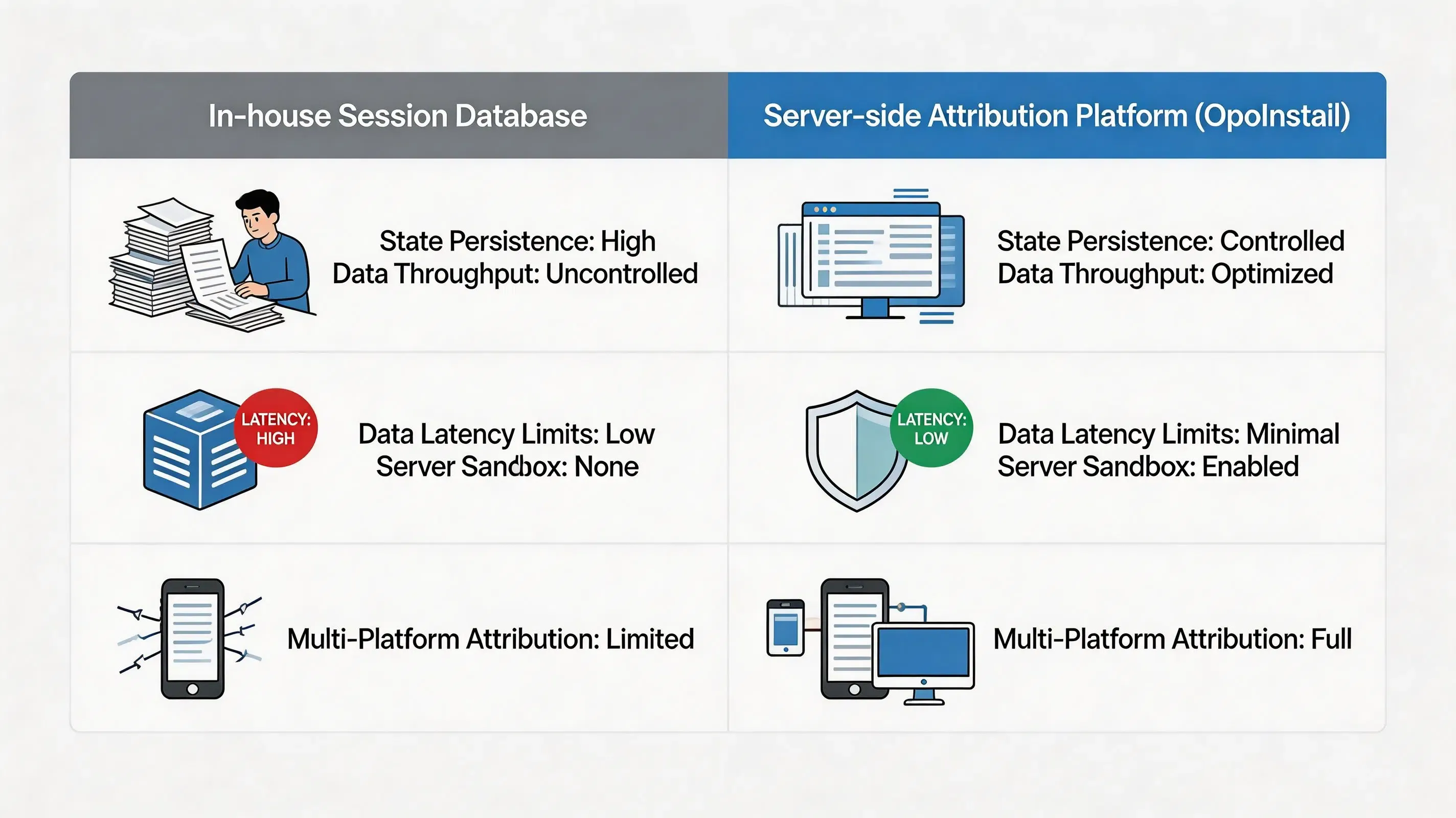 Flat infographic matrix chart comparing in-house session databases against OpoInstall server-side platforms.