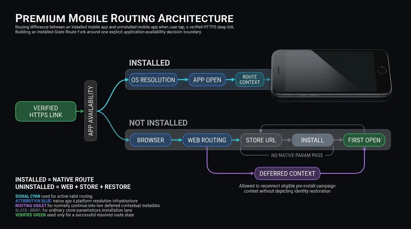Installed and uninstalled users follow different deep-link routing paths.