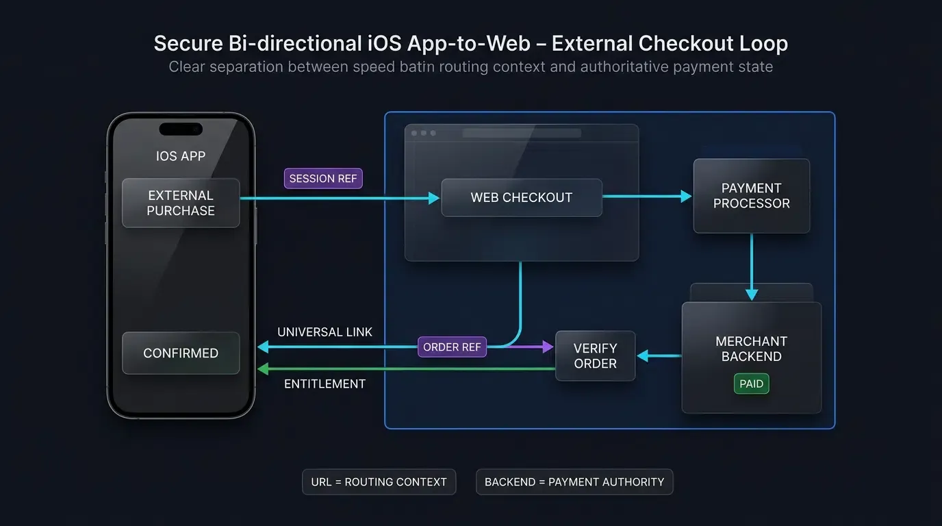 External iOS checkout returns through Universal Links for backend verification.