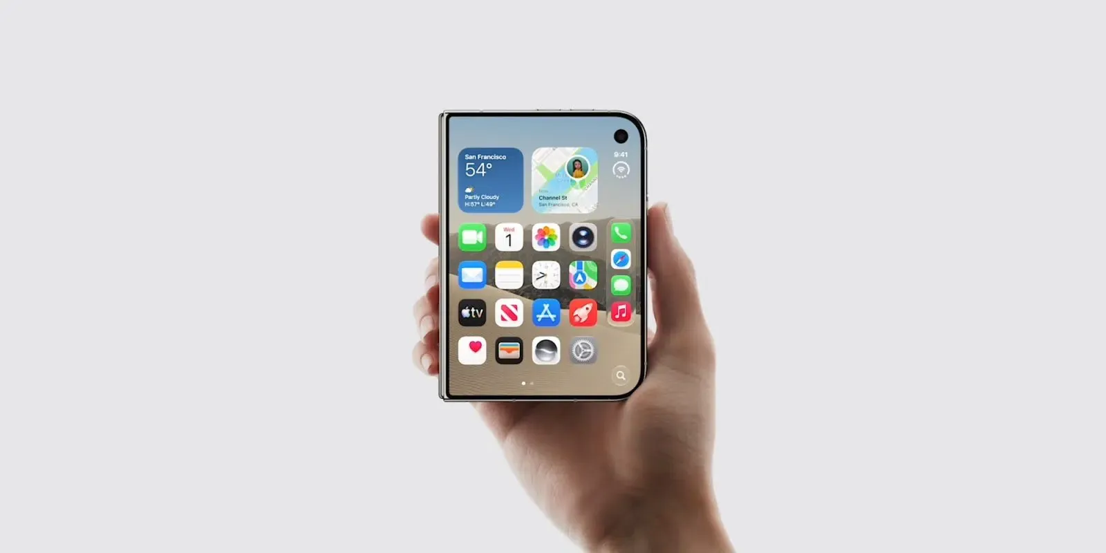 Hardware do Apple iPhone Duo sendo segurado e exibindo a tela externa