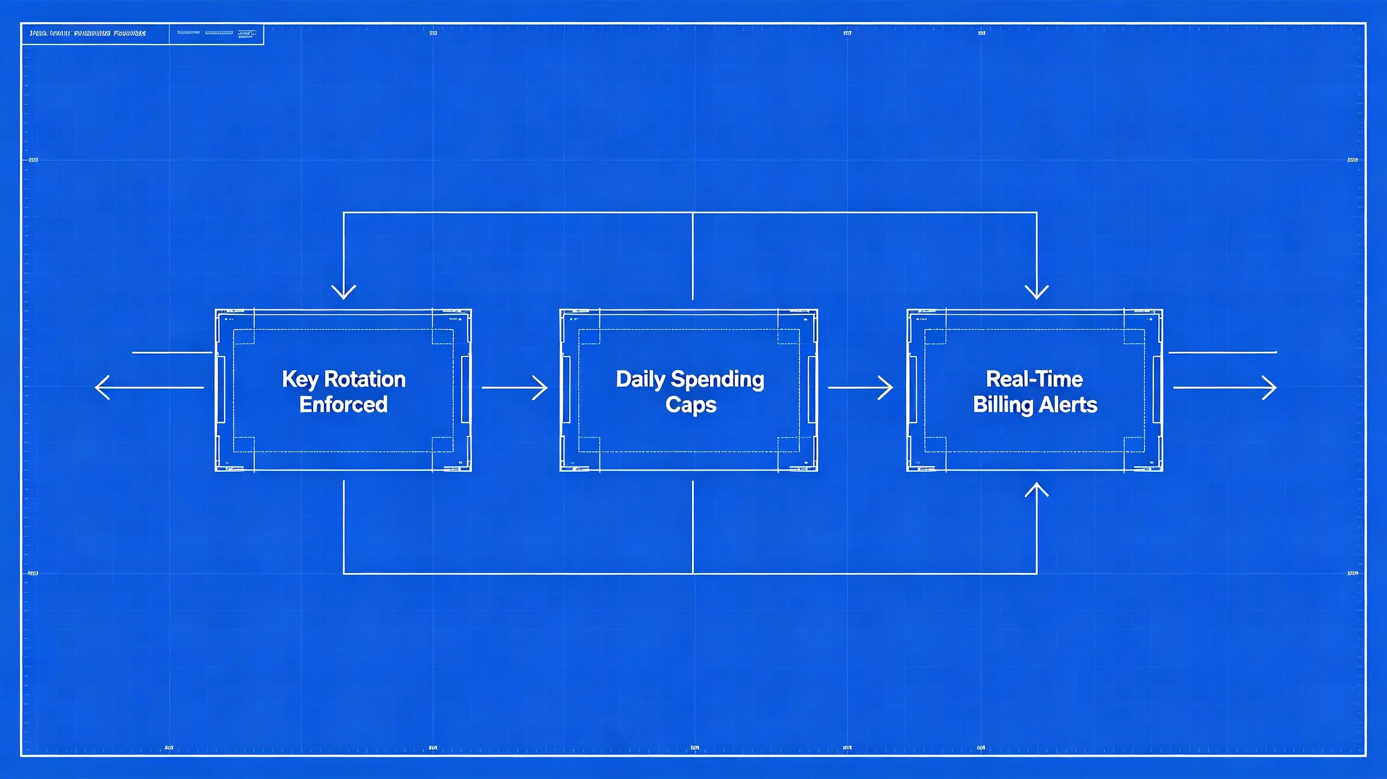 Engineering blueprint flowchart for key rotation compliance and financial spend guardrails.
