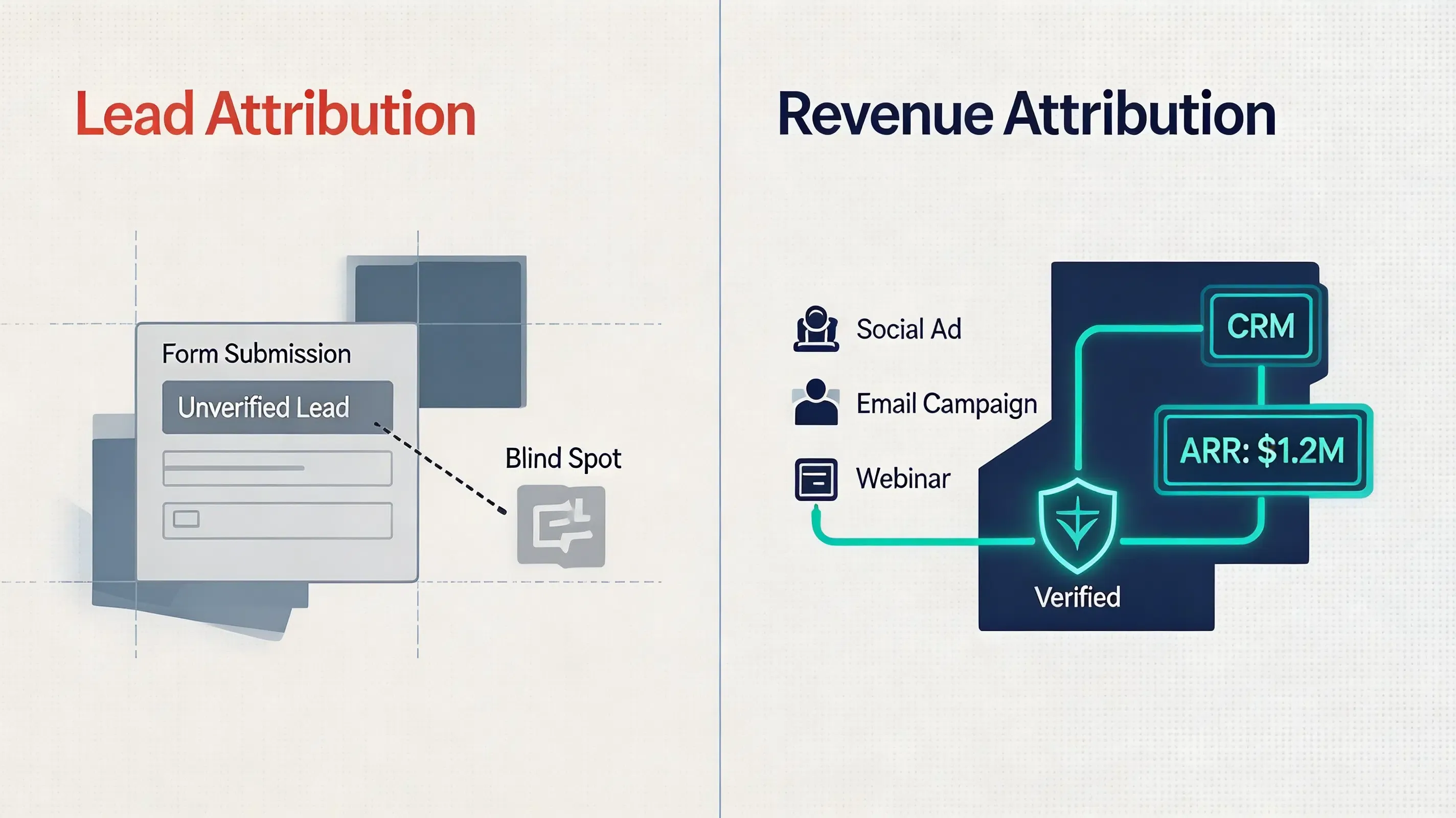 Ultra-premium flat infographic comparison of volume-based lead attribution versus full-funnel CRM revenue attribution for B2B SaaS.