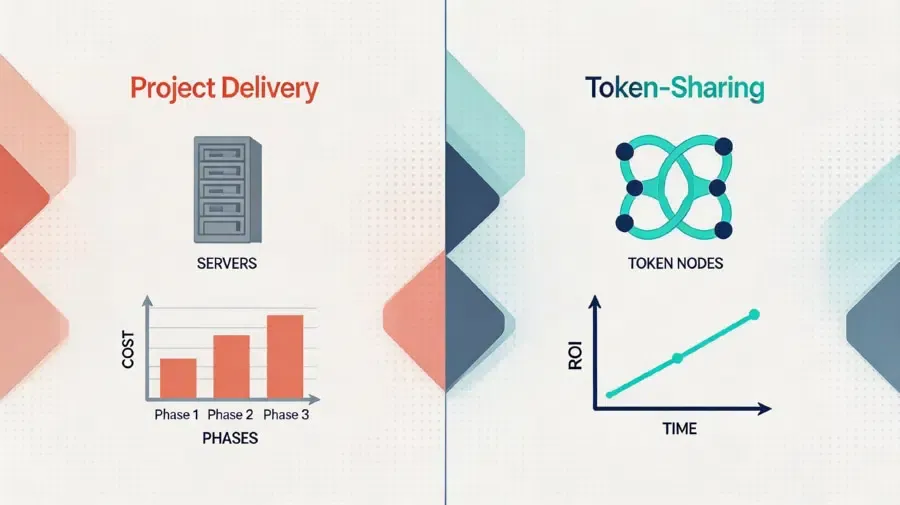 Ultra-premium flat infographic comparison of legacy project delivery versus dynamic token-sharing AI commercial models.