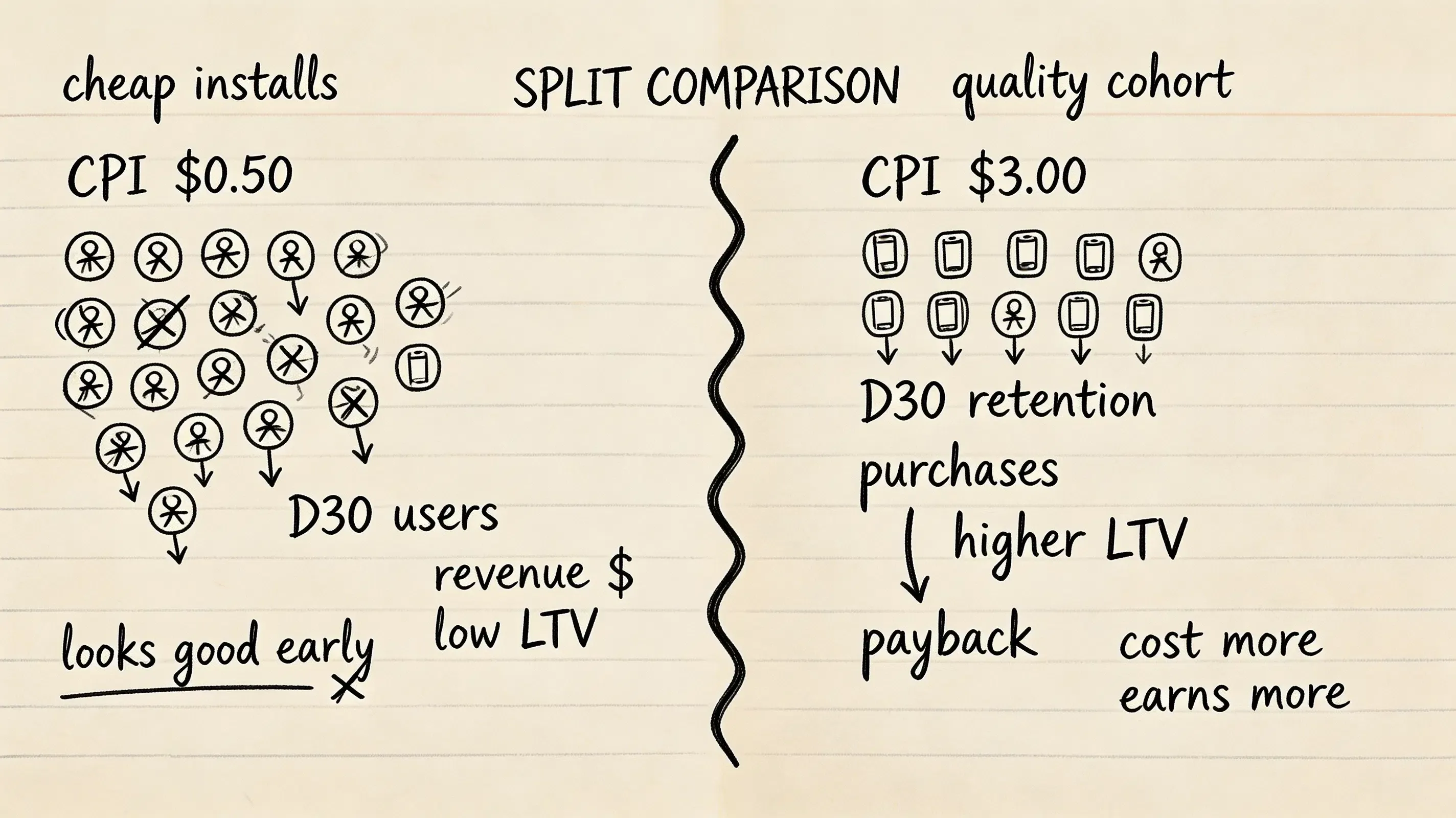 Low CPI installs versus high LTV mobile app cohorts
