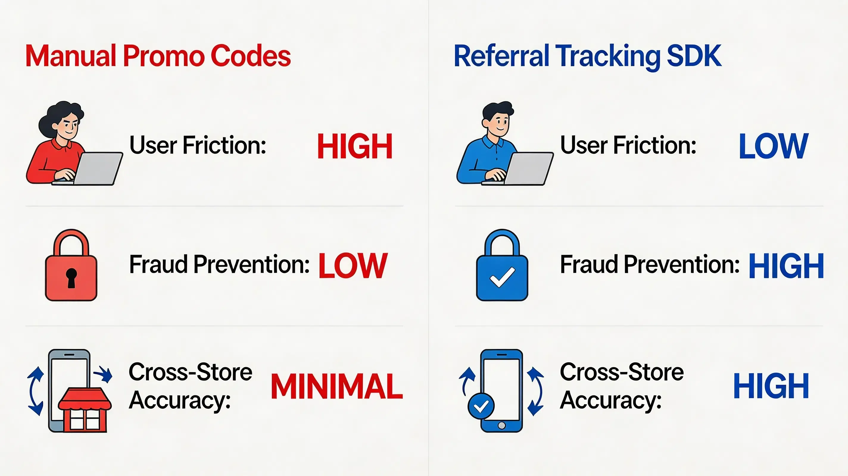 Flat corporate matrix chart comparing manual promo codes versus automated referral tracking SDKs for mobile games.