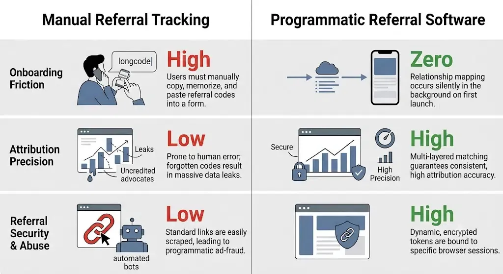 Flat corporate matrix chart comparing manual referral tracking versus programmatic referral software.