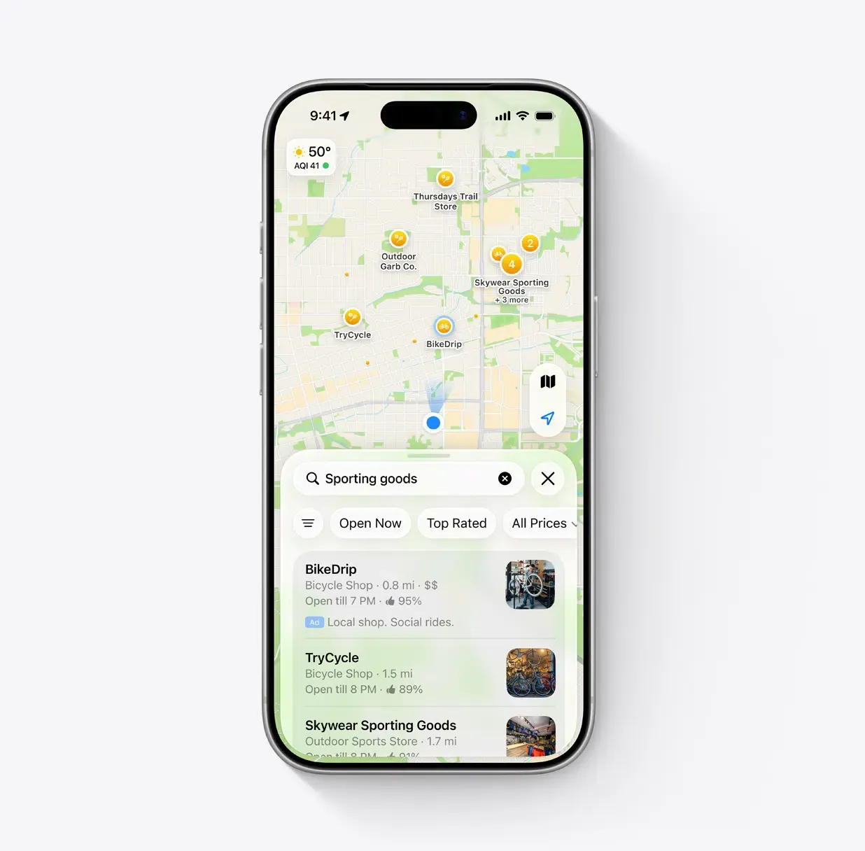 Resultados de búsqueda de Apple Maps que muestran un pin de negocio promocionado en la parte superior de los listados