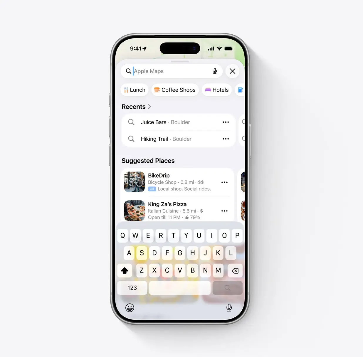 Pantalla de la interfaz de usuario de Apple Maps que muestra los lugares sugeridos antes de que el usuario introduzca un término de búsqueda