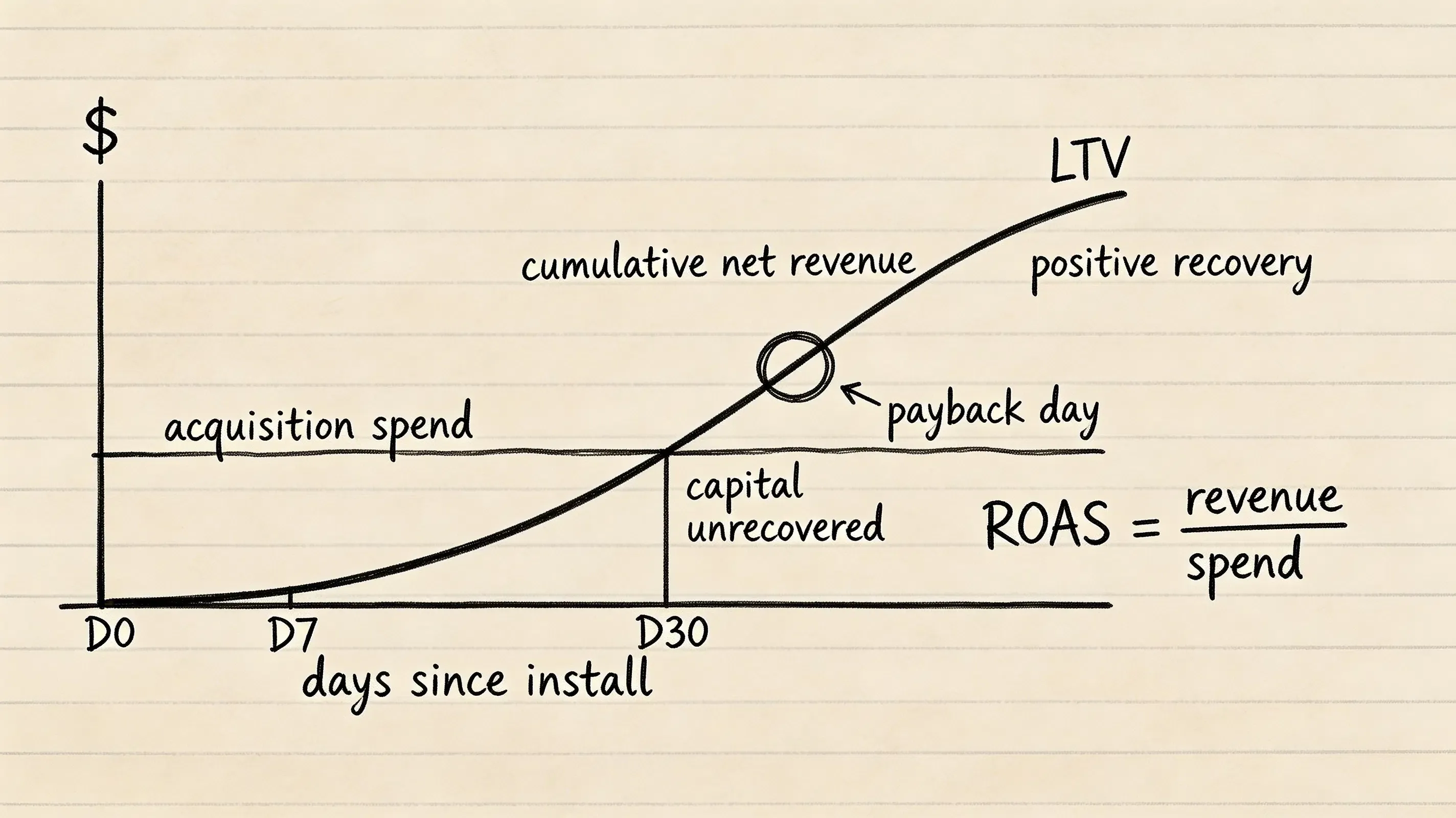 Mobile cohort payback curve and ROAS optimization