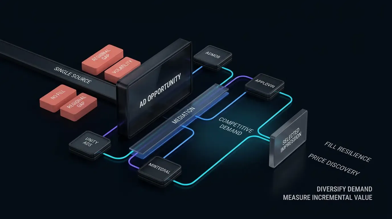 Diversified ad demand reduces single-network concentration across mobile game inventory.