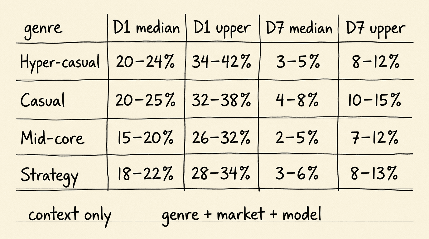 Mobile game Day 1 and Day 7 retention benchmark ranges