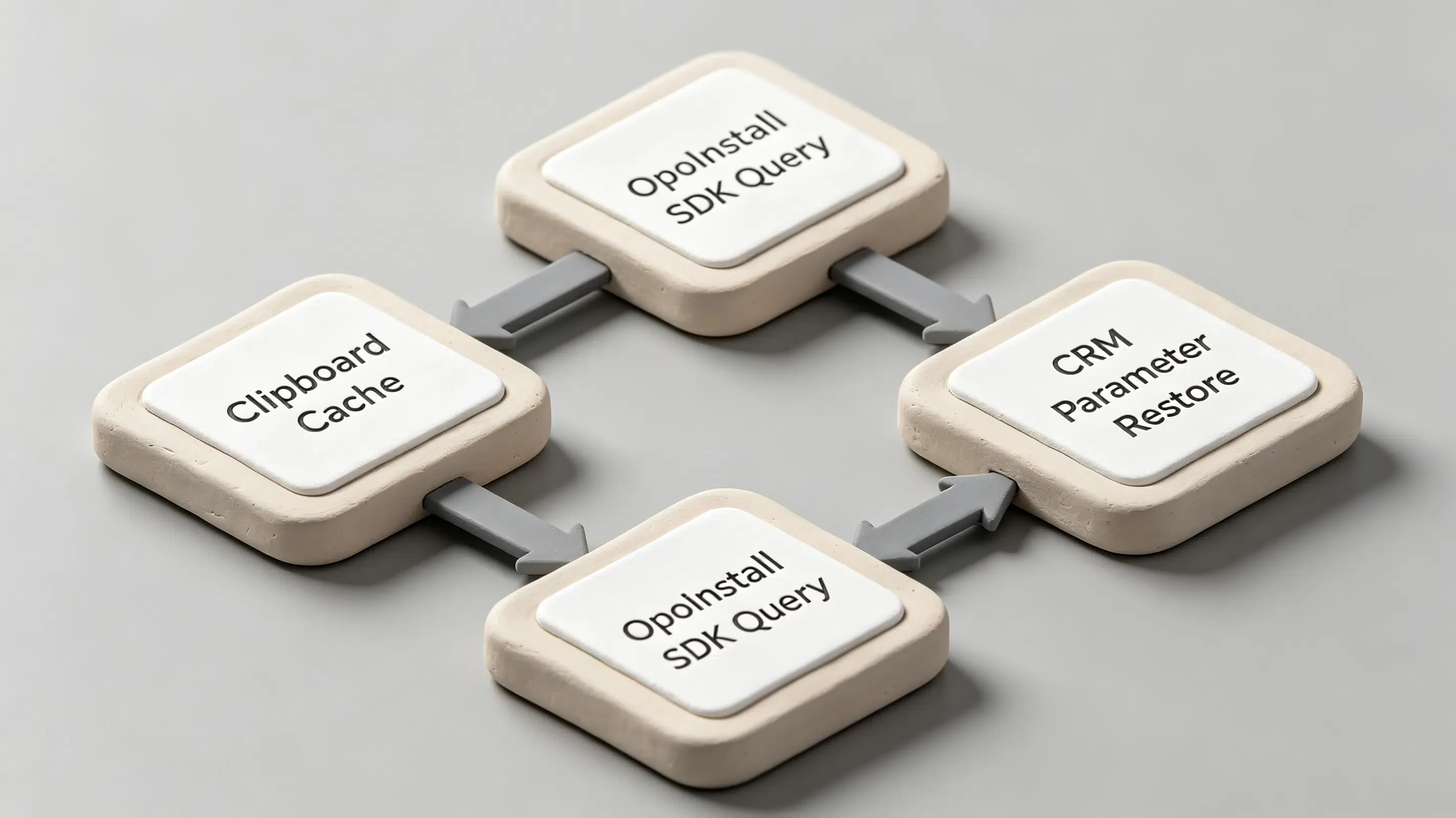 3D isometric clay data pipeline diagram for multi-platform referral attribution architecture.
