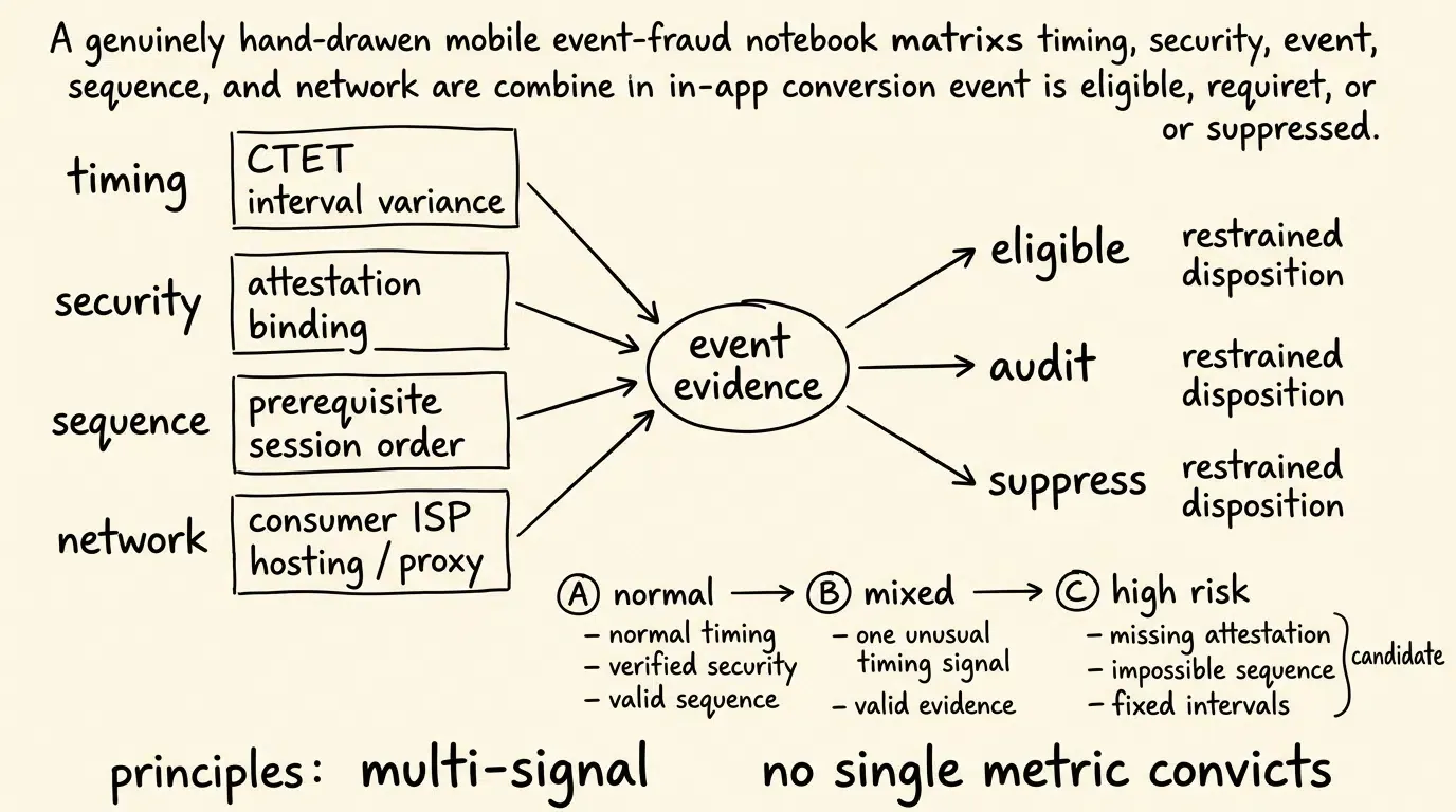 Multi signal event evidence matrix for fake conversion filtering