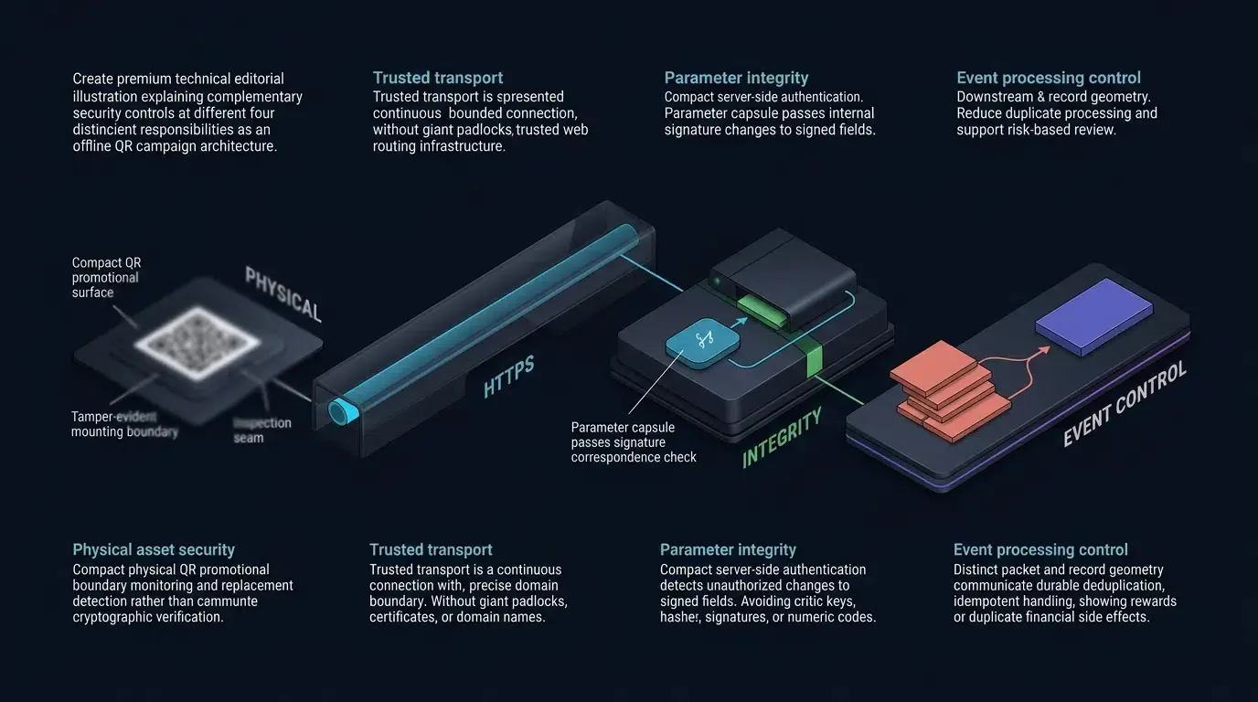 Offline QR security combines physical inspection, HTTPS, parameter integrity, and event controls.