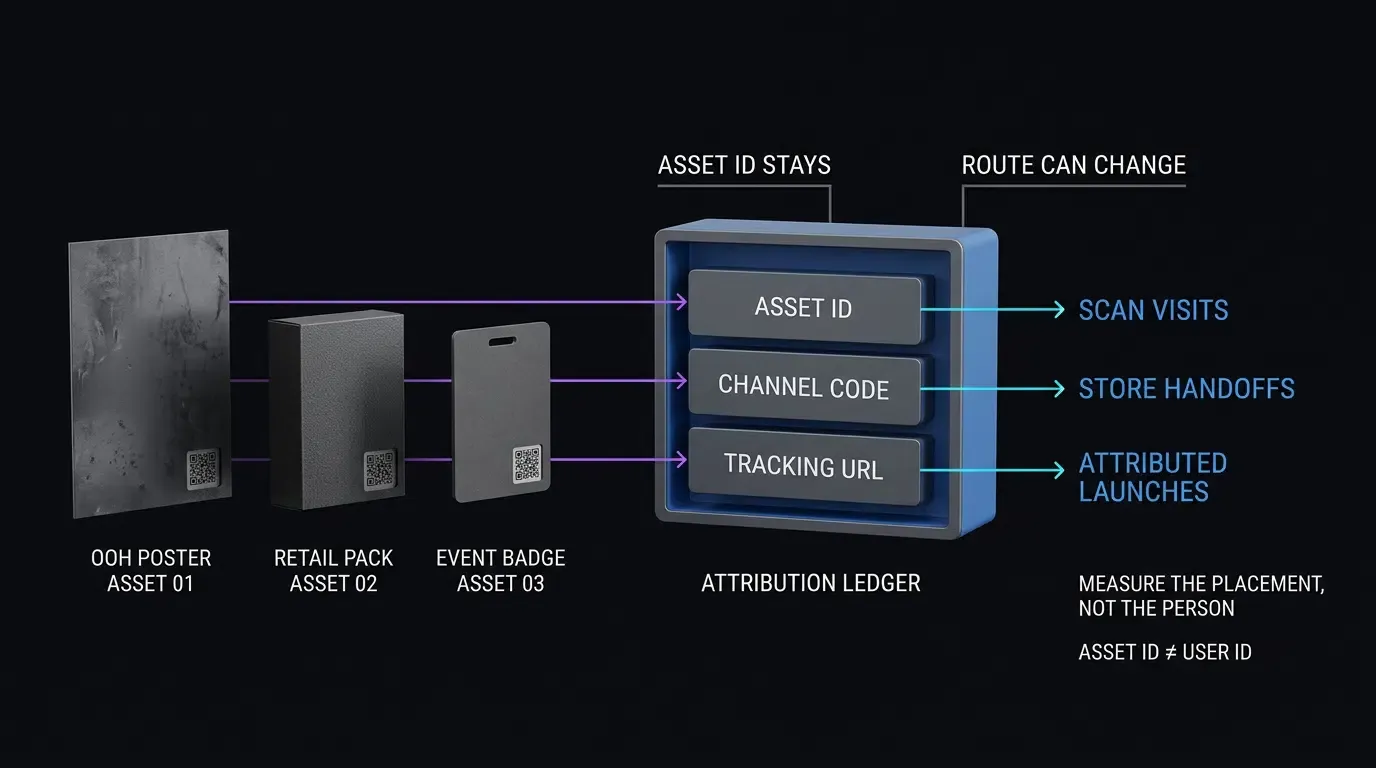 Offline QR attribution maps each physical placement to a stable campaign identity and measurable digital events.
