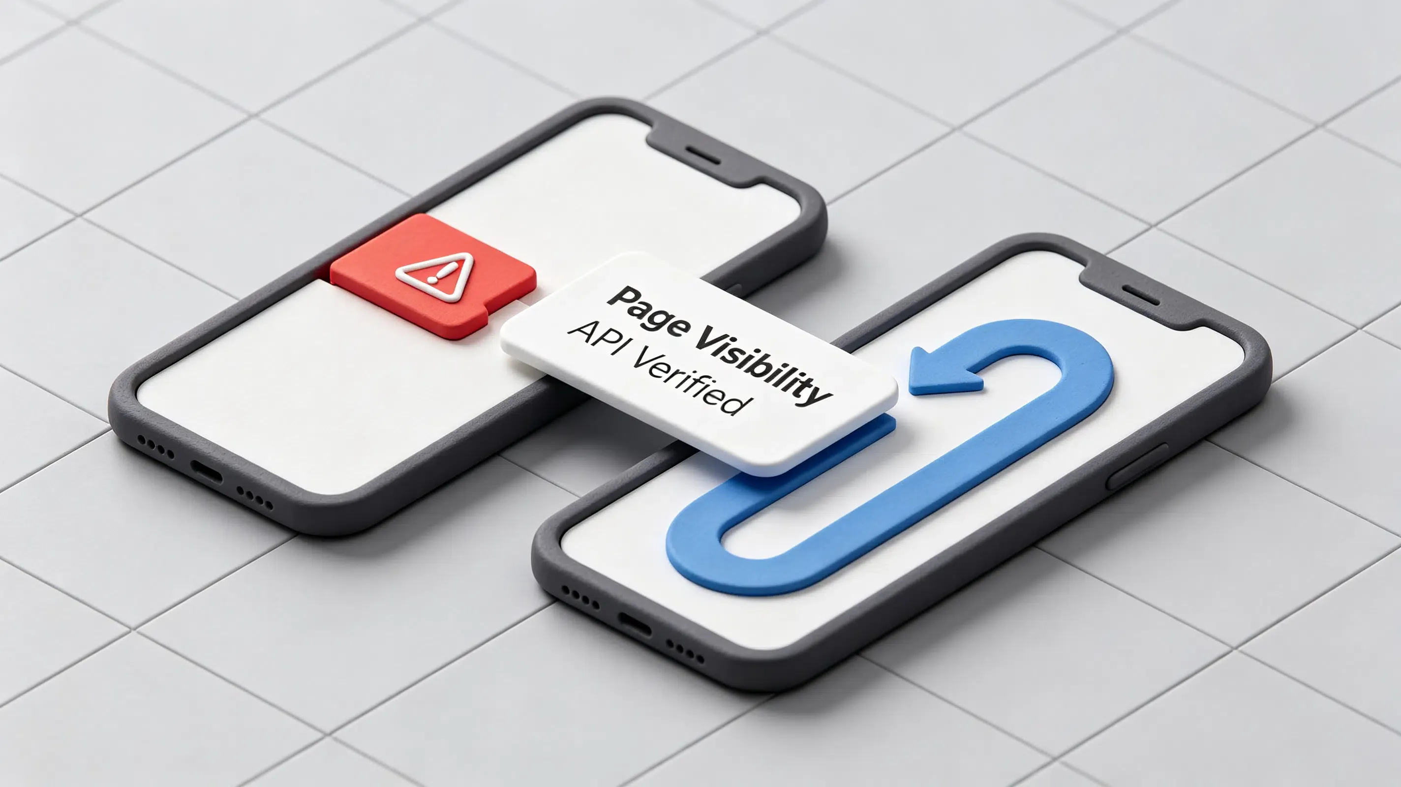 Clay 3D isometric infographic of browser page visibility API fixing background redirection timer conflicts.