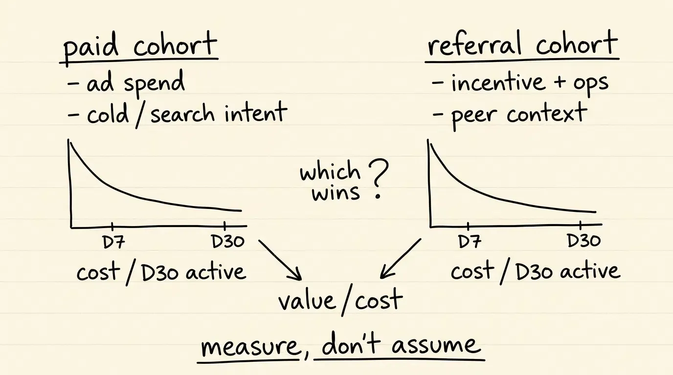 Paid versus referral cohort retention and retained user cost