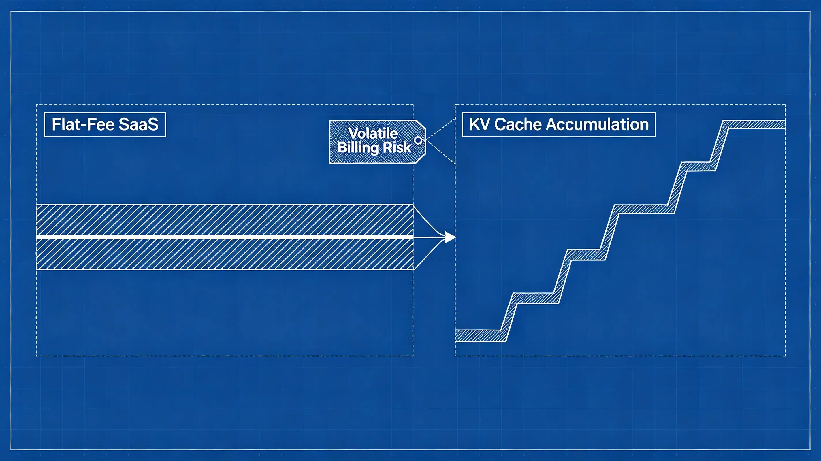 Architectural blueprint comparison chart of predictable flat-fee SaaS vs volatile token-based model consumption.
