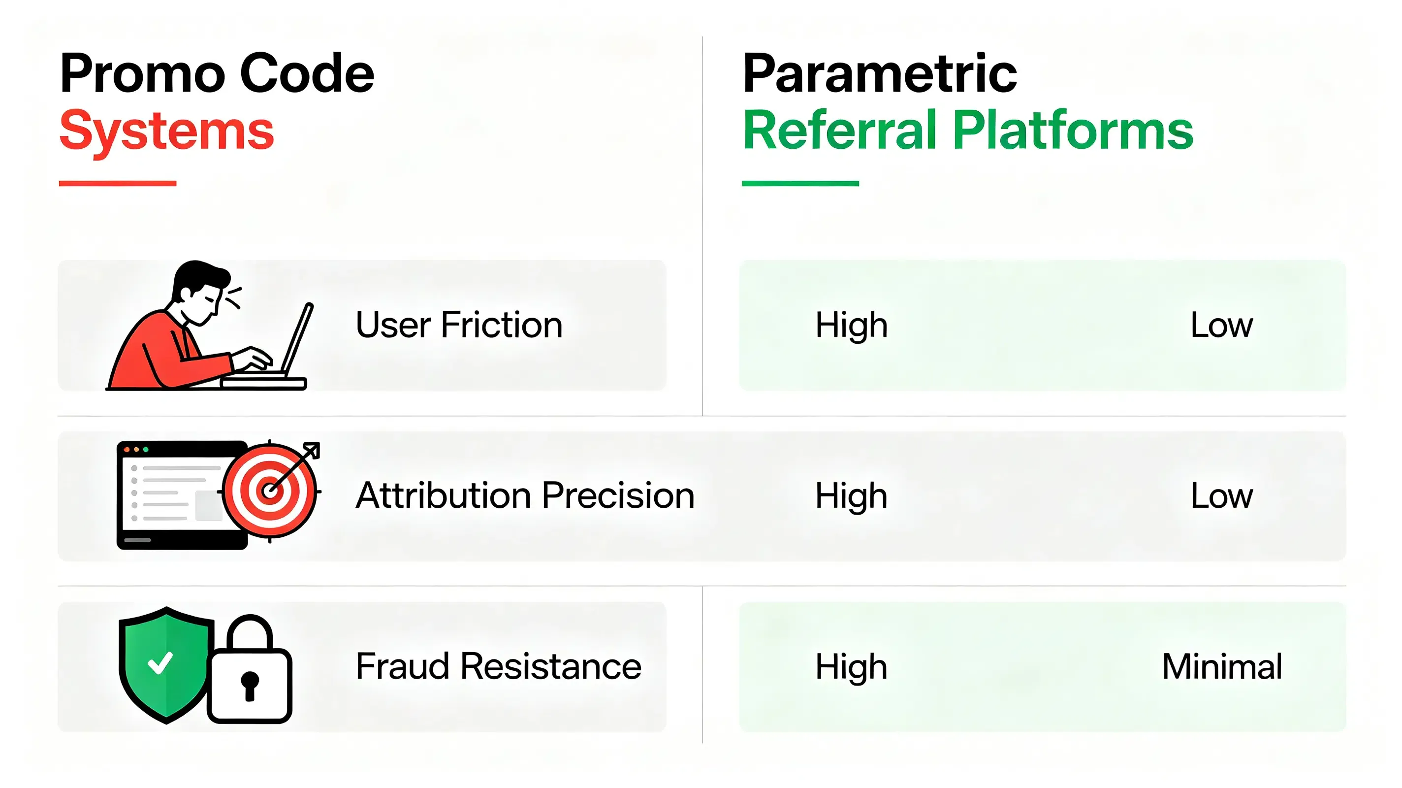 Flat corporate matrix chart comparing promo code systems versus parametric referral tracking platforms.