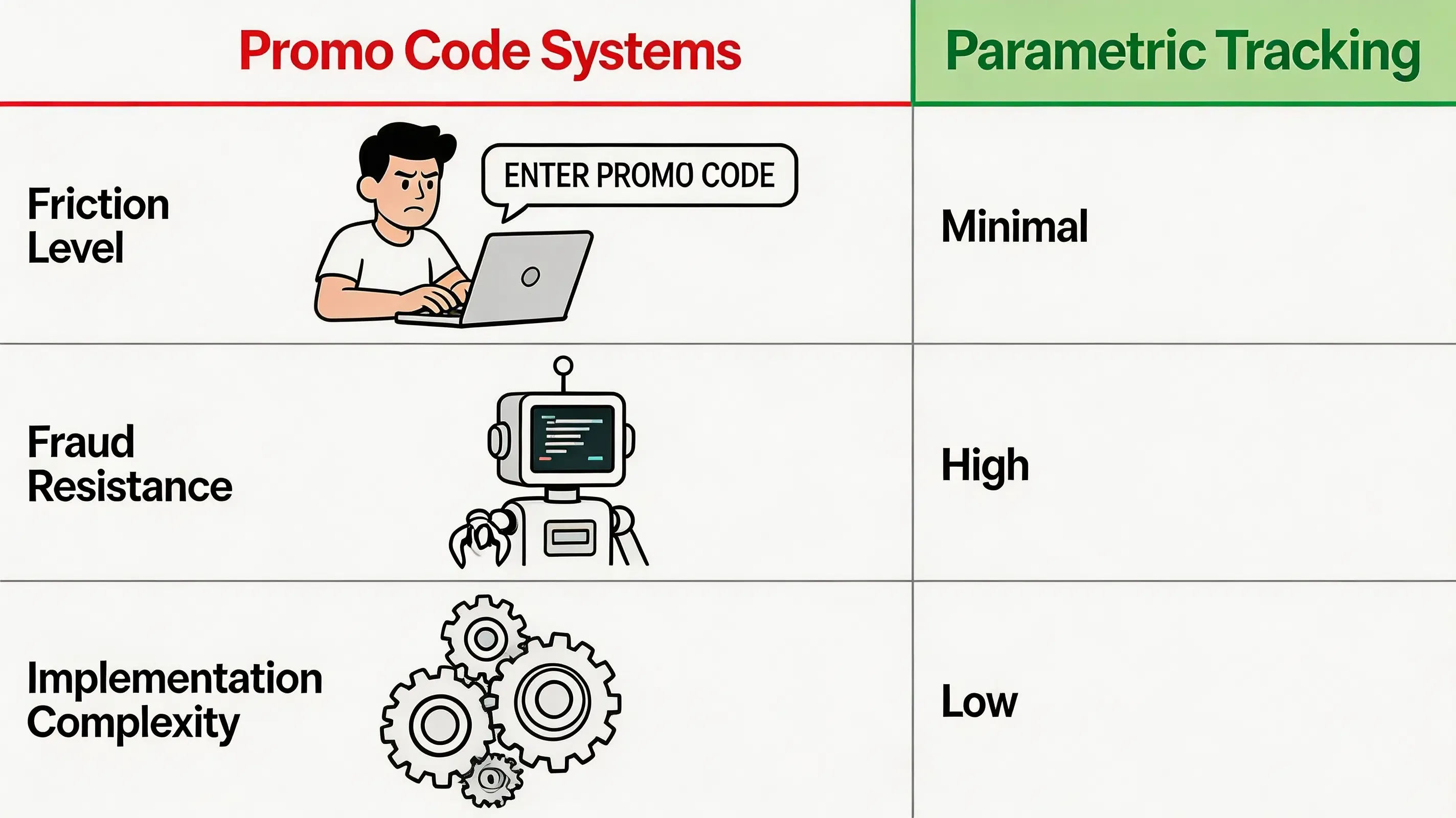 Flat corporate matrix chart comparing promo code systems versus parametric referral tracking platforms.