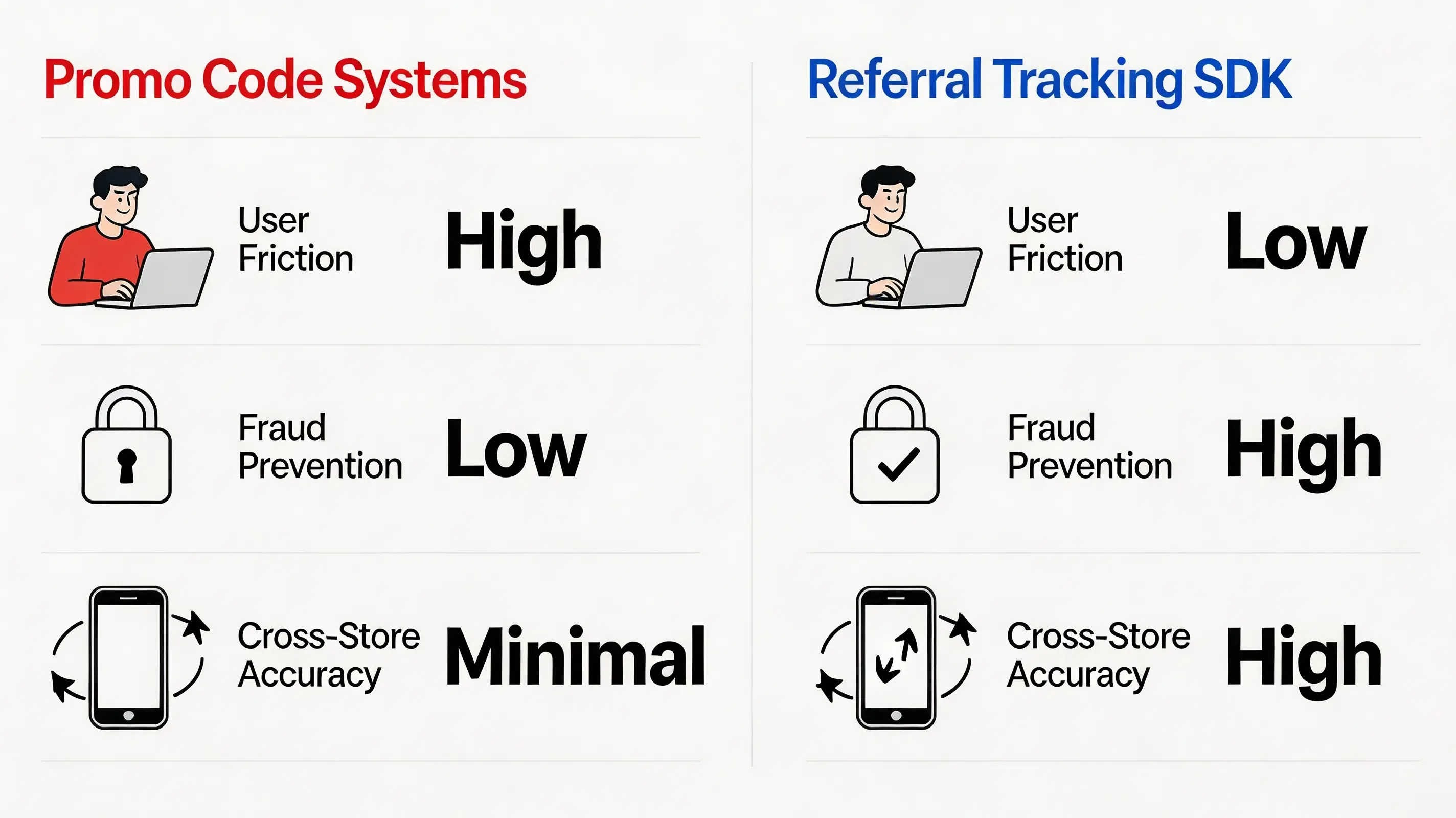 Flat corporate matrix chart comparing promo code systems versus automated referral tracking SDKs.
